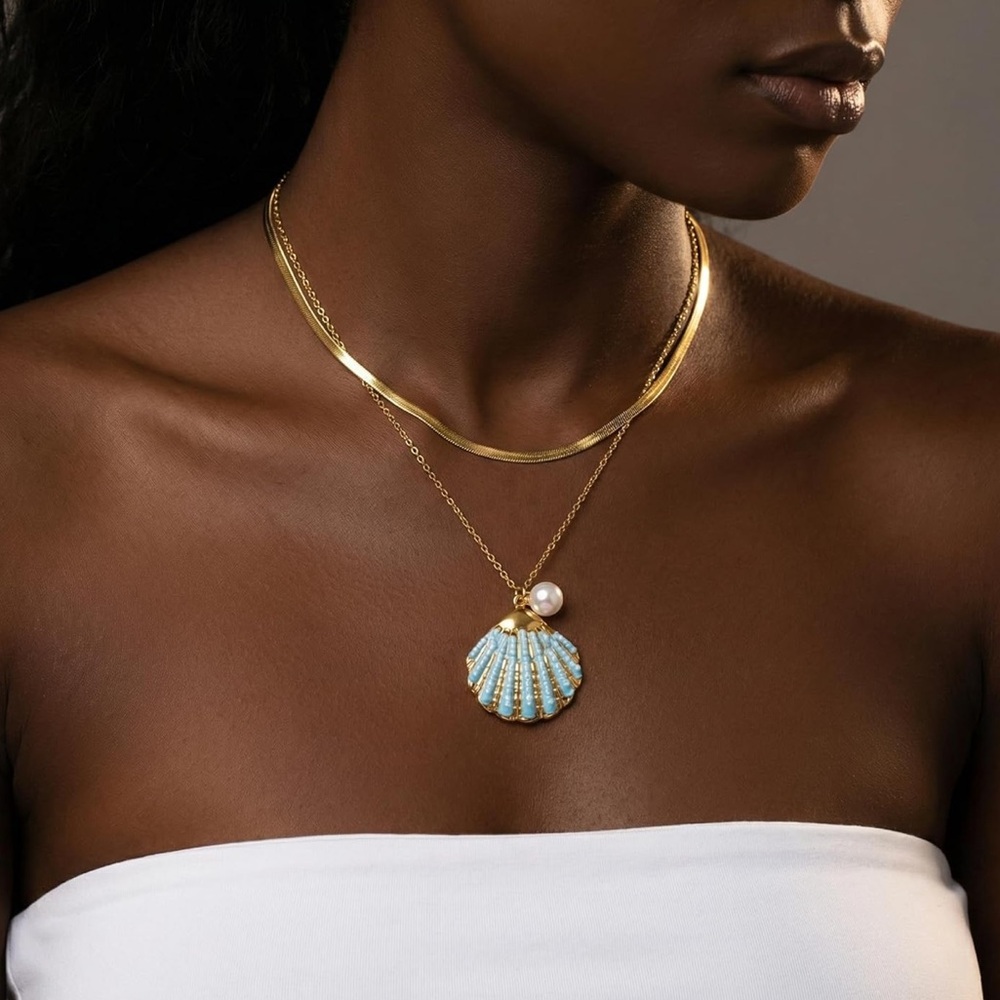 Shell & Herringbone Layered Gold and Blue Pendant Necklace